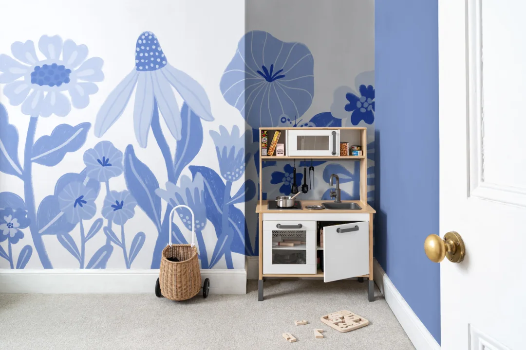 Blue Kids Retro Scandinavian Flowers Mural