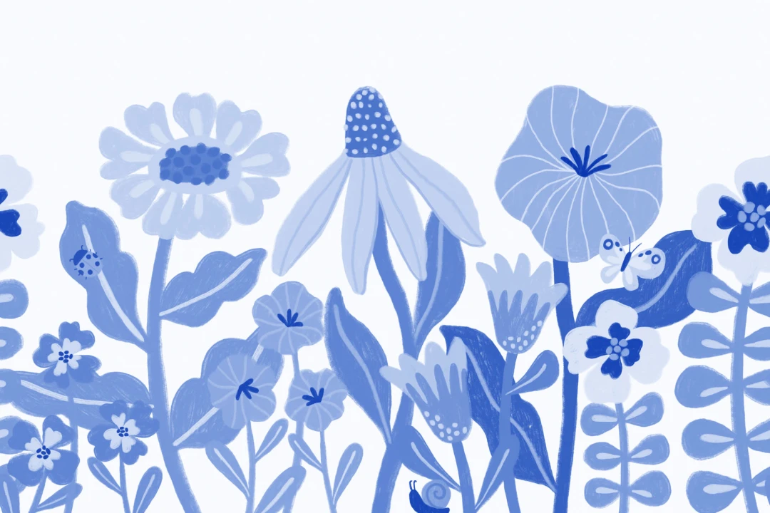 Blue Kids Retro Scandinavian Flowers Mural