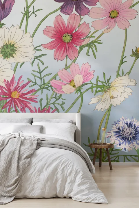 Cosmos Japanese Watercolor Floral Mural