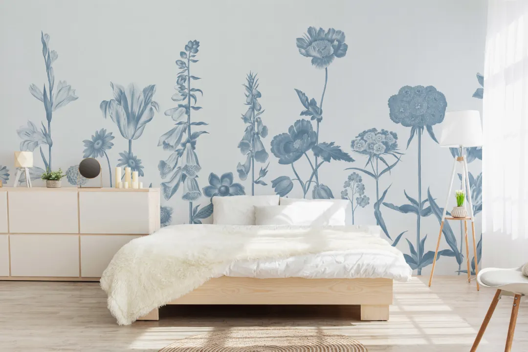 Albastru ilustrat flori sălbatice Mural