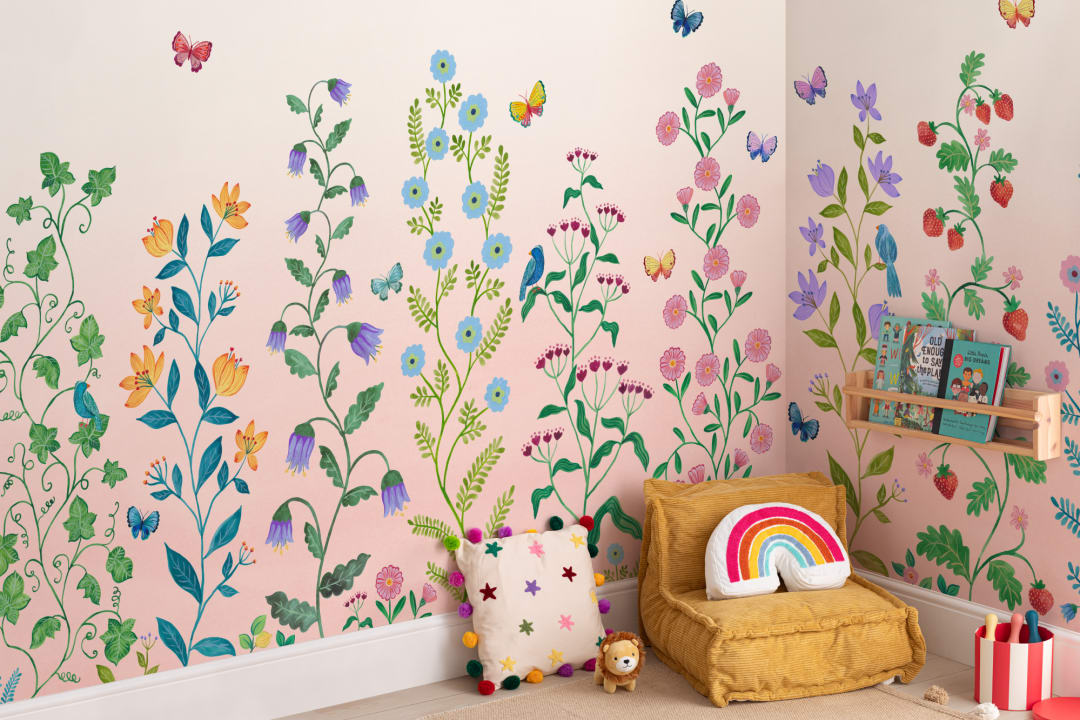 Pink Whimsical Climbing Botanicals Mural