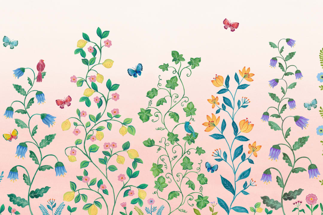Pink Whimsical Climbing Botanicals Mural