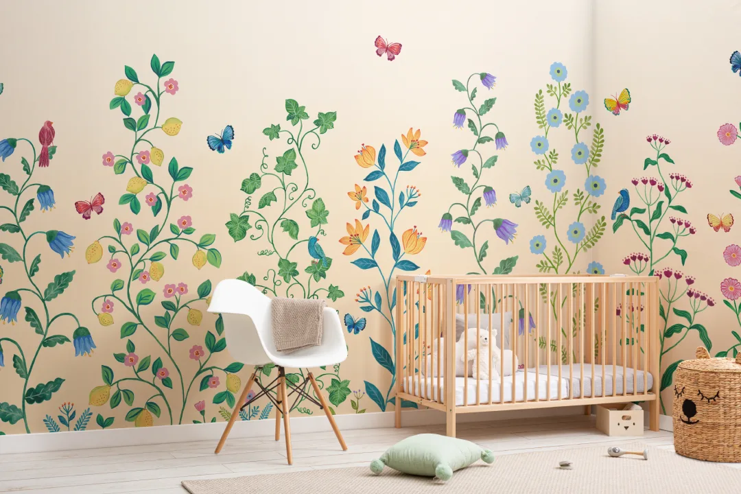 Yellow Whimsical Climbing Botanicals Mural