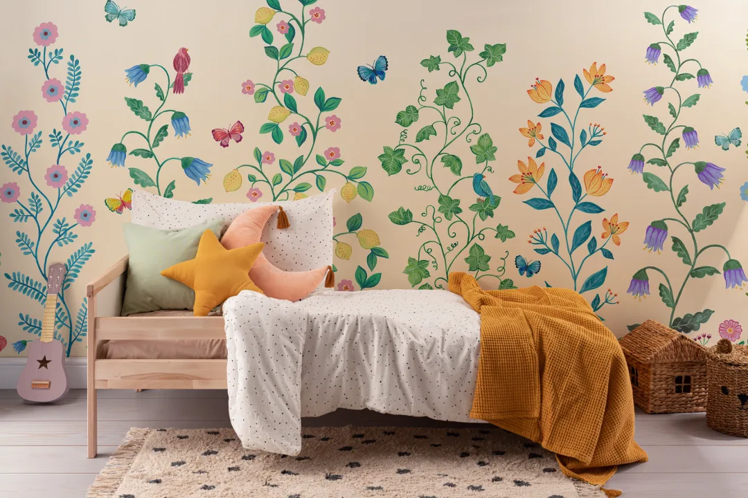 Yellow Whimsical Climbing Botanicals Mural