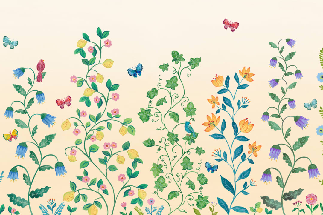 Yellow Whimsical Climbing Botanicals Mural