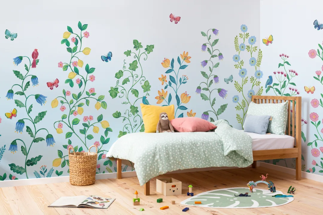 Blue Whimsical Climbing Botanicals Mural
