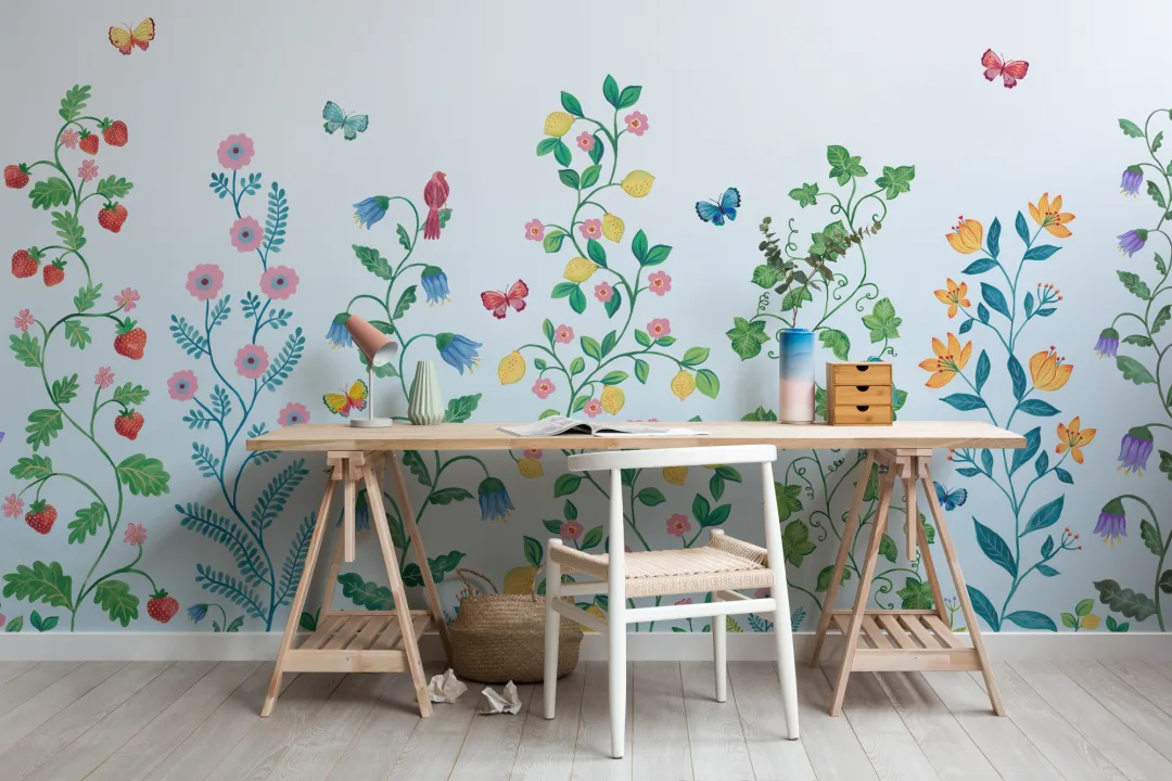 Murales de Papel Pintado de plantas trepadoras caprichosas azules