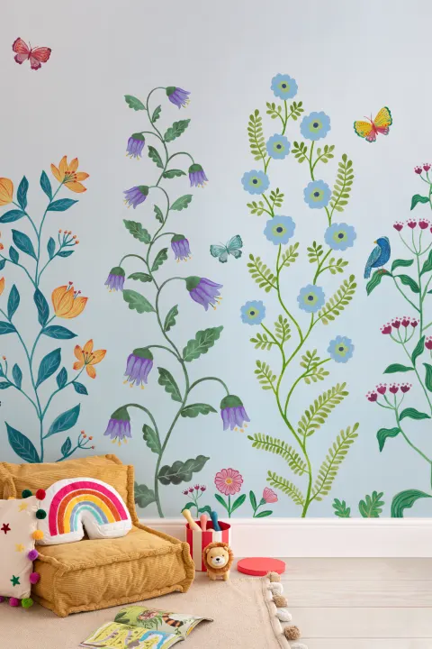 Blue Whimsical Climbing Botanicals Mural