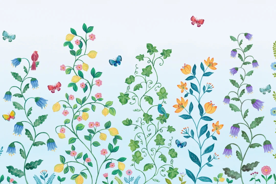 Blue Whimsical Climbing Botanicals Mural