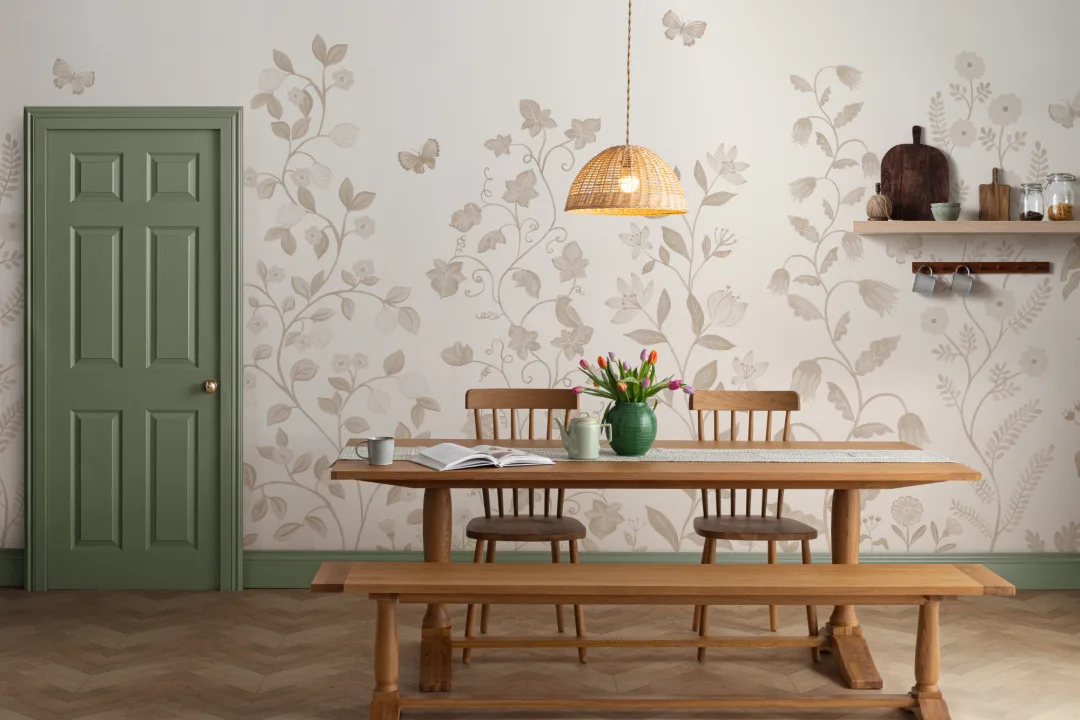 Beige Whimsical Climbing Botanicals Mural