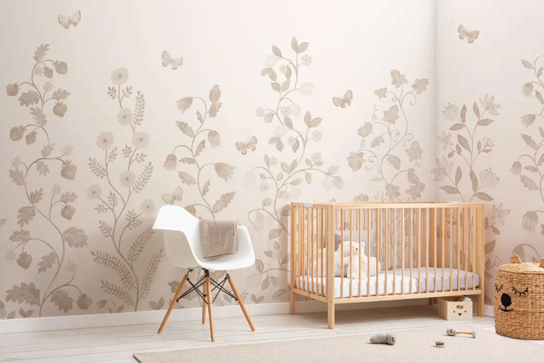 Beige Whimsical Climbing Botanicals Mural