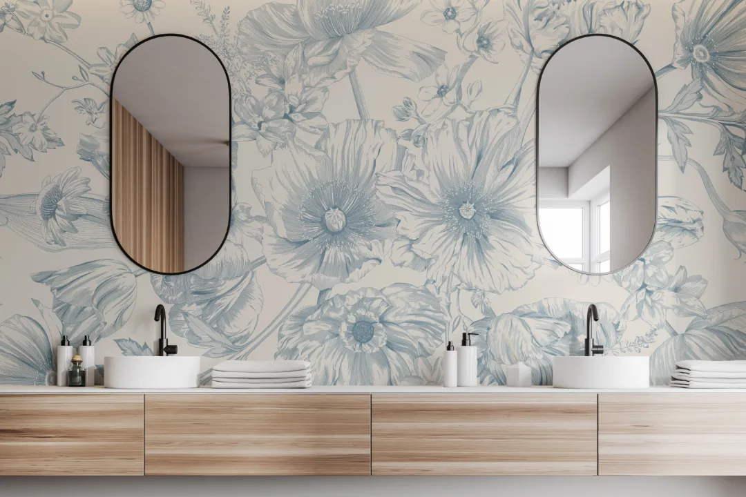 Blue Illustrated Floral Bouquet Mural