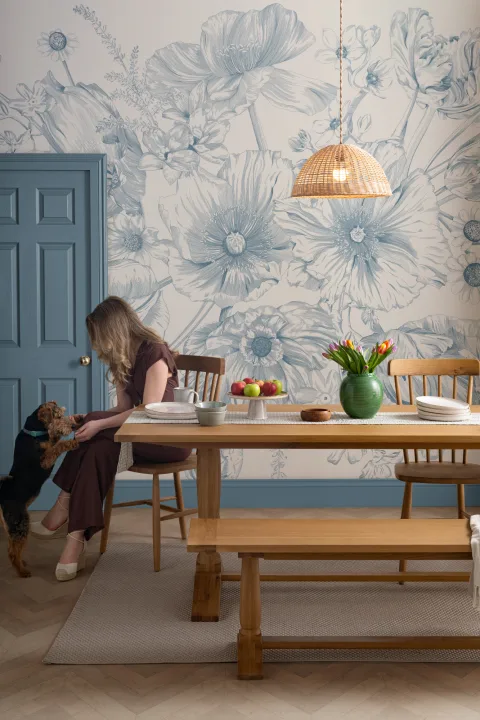 Blå illustrert blomsterbukett fototapet