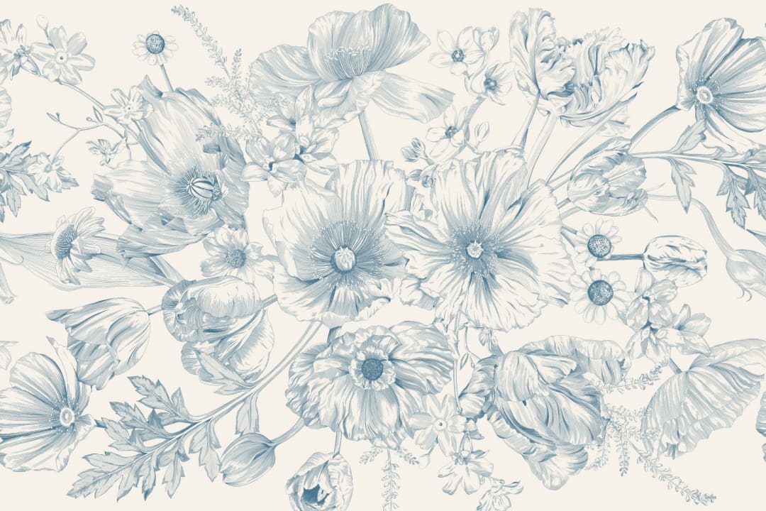 Blue Illustrated Floral Bouquet Mural