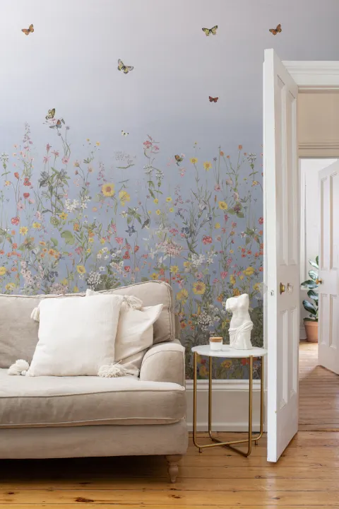 Blue Ombre Wildflower and Butterfly Mural