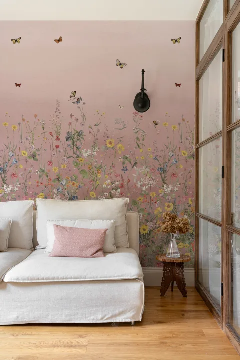 Pink Ombre Wildflower and Butterfly Mural
