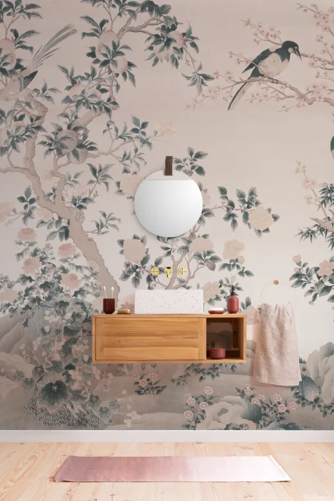 Pink Chinoiserie Vintage Garden Scene Mural