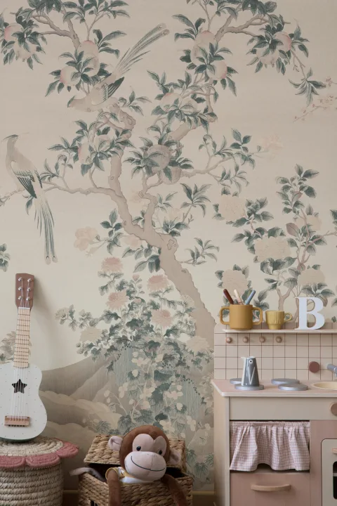 Pink Chinoiserie Vintage Garden Scene Mural