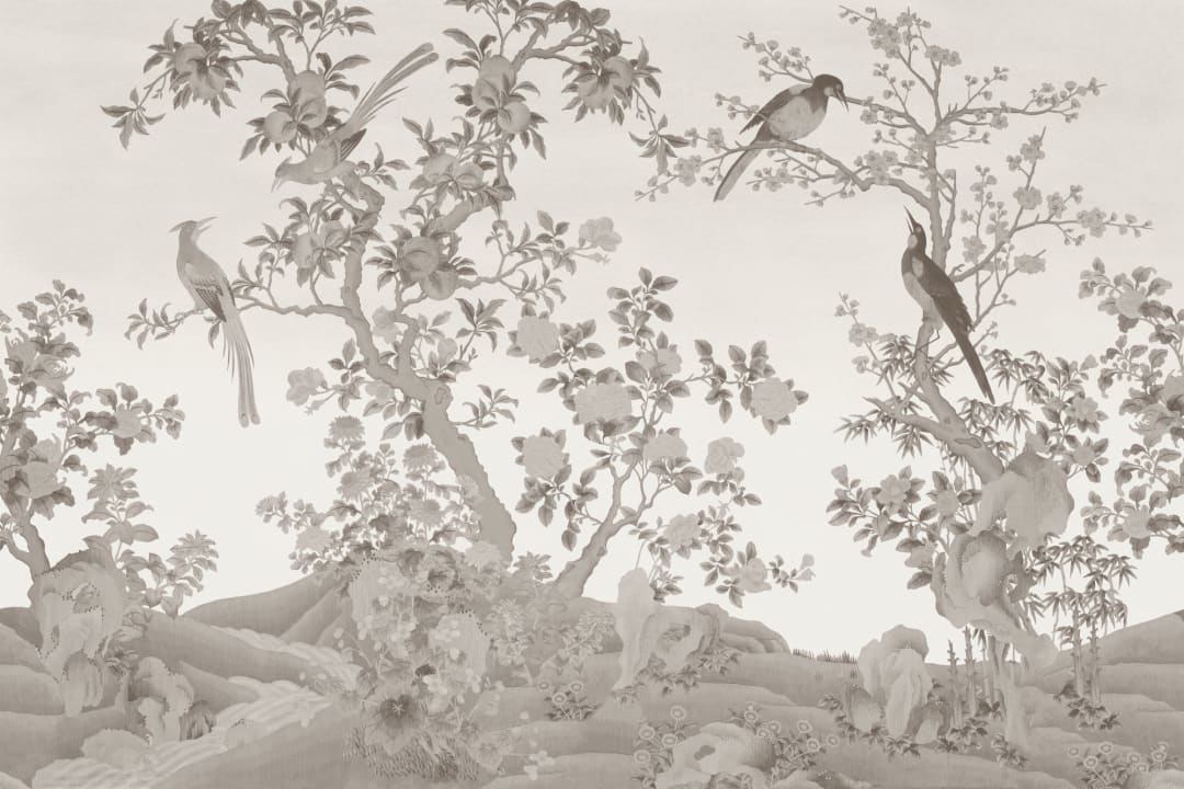 Neutral Chinoiserie Vintage Garden Scene Mural