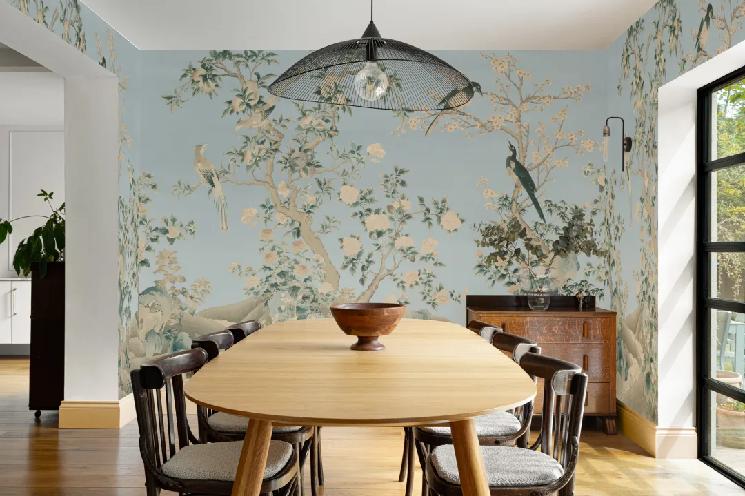 Blå Chinoiserie Vintage Garden Scene Mural-tapeter