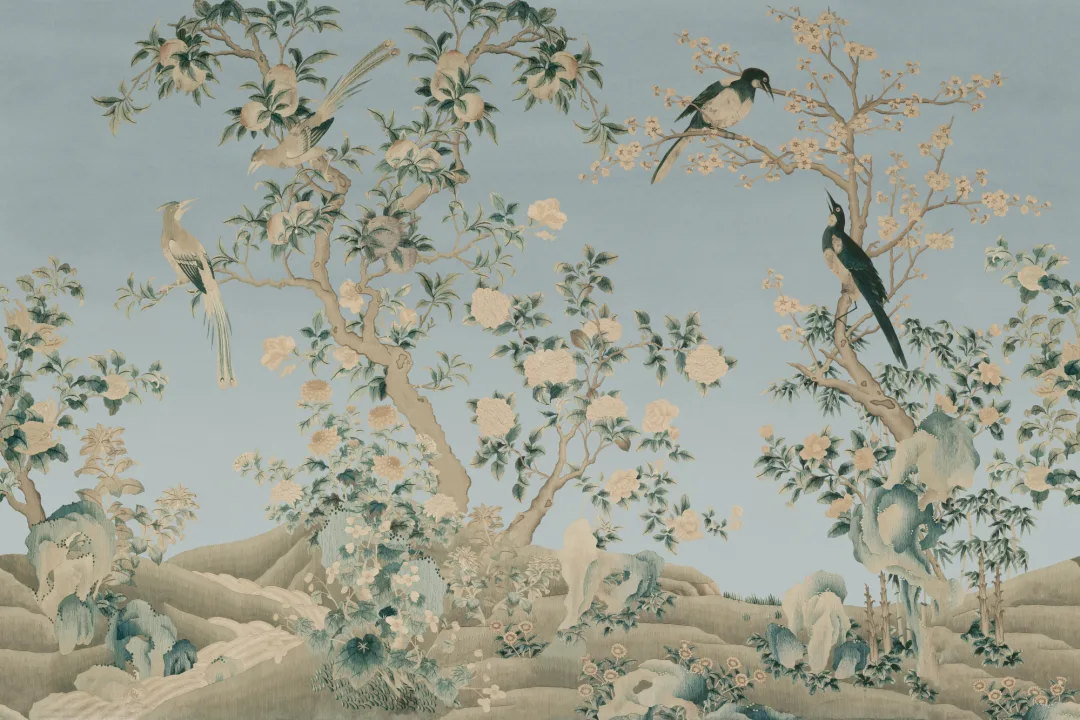 Blå Chinoiserie Vintage Garden Scene Mural-tapeter