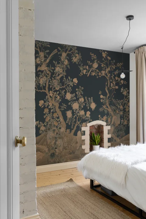 Navy Chinoiserie Vintage Garden Scene seinämaalaus