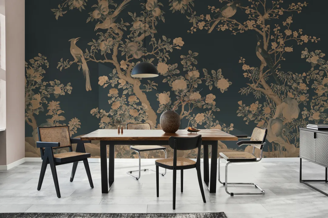 Navy Chinoiserie Vintage Garden Scene veggmaleri