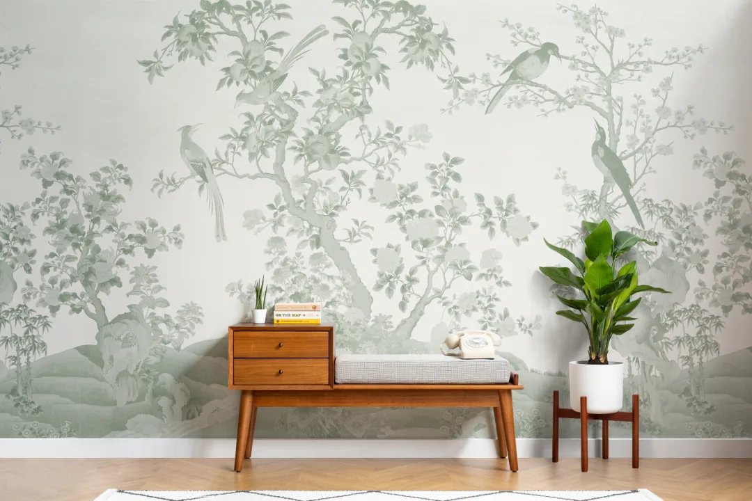 Tonalt grønt Chinoiserie Vintage Garden Scene fototapet