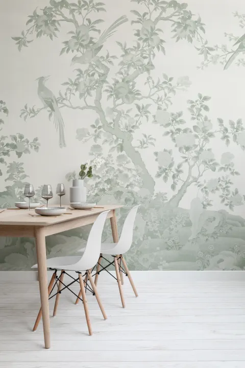 Tonal grønn Chinoiserie Vintage hagescene veggmaleri