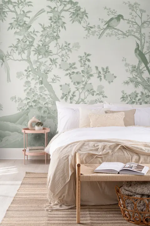 Tonaalinen vihreä Chinoiserie vintage puutarha kohtaus seinämaalaus