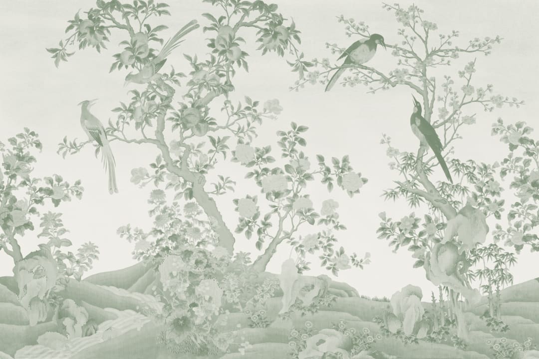 Tonalt grønt Chinoiserie Vintage Garden Scene fototapet