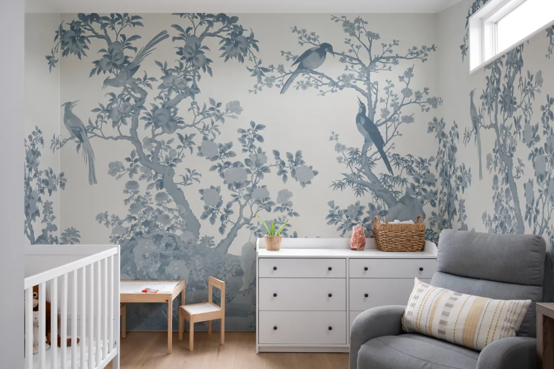 Tonal Blau Chinoiserie Vintage Garten Szene Fototapete