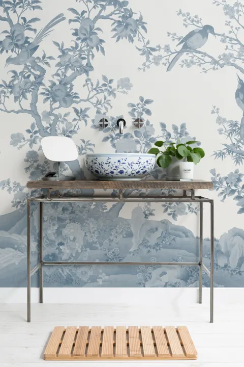 Tonal Azul Chinoiserie Vintage Garden Scene Mural