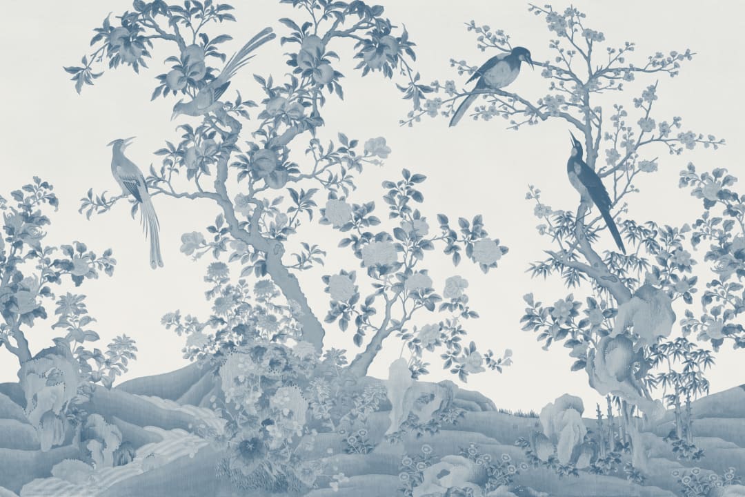 Tonalblå Chinoiserie Vintage Garden Scene fototapet