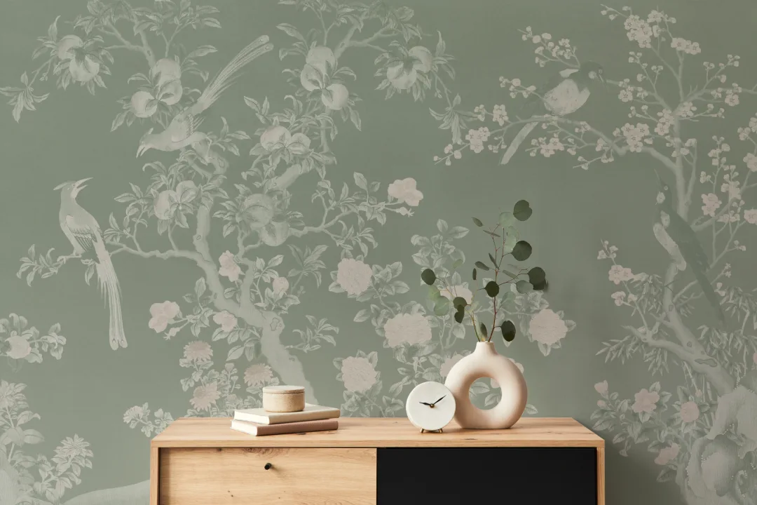 Grønt Chinoiserie Vintage Garden Scene fototapet