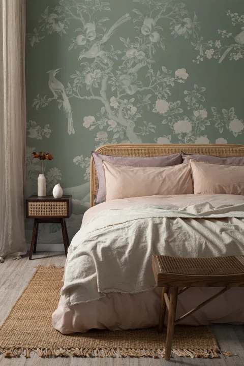 Vihreä Chinoiserie Vintage Garden Scene seinämaalaus
