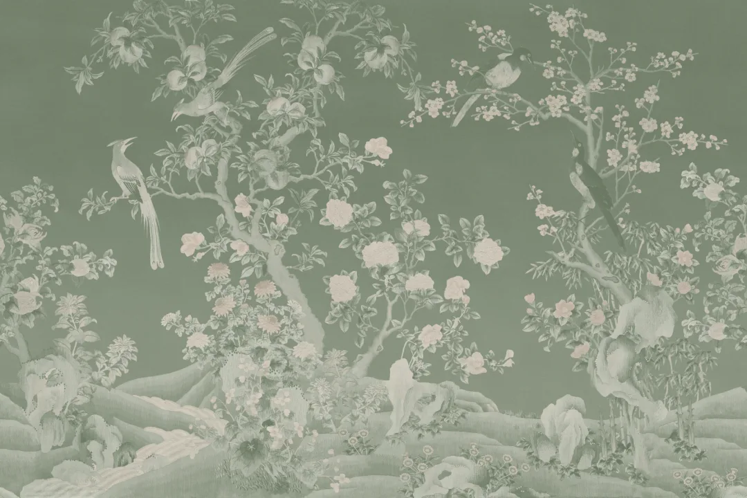 Grønt Chinoiserie Vintage Garden Scene fototapet