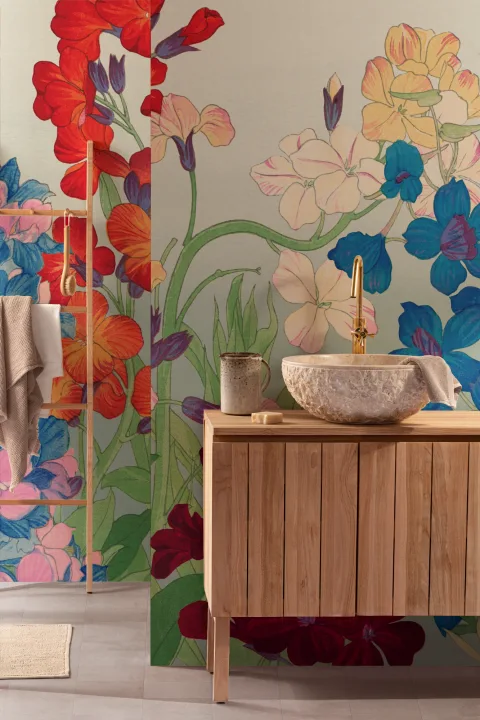 Mural floral japonés de acuarela Delphinium