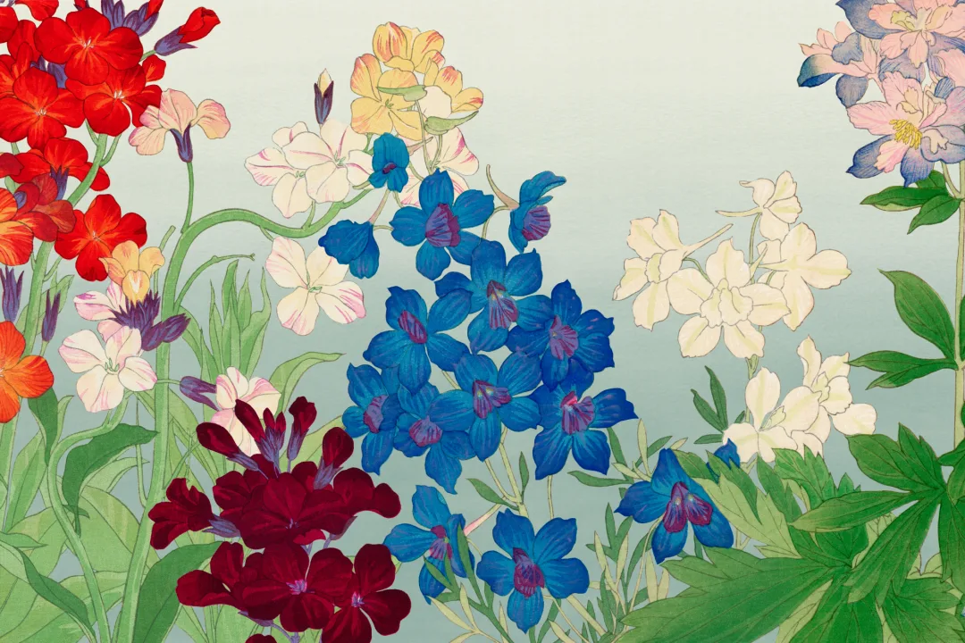 Carta da parati floreale giapponese ad acquerello Delphinium