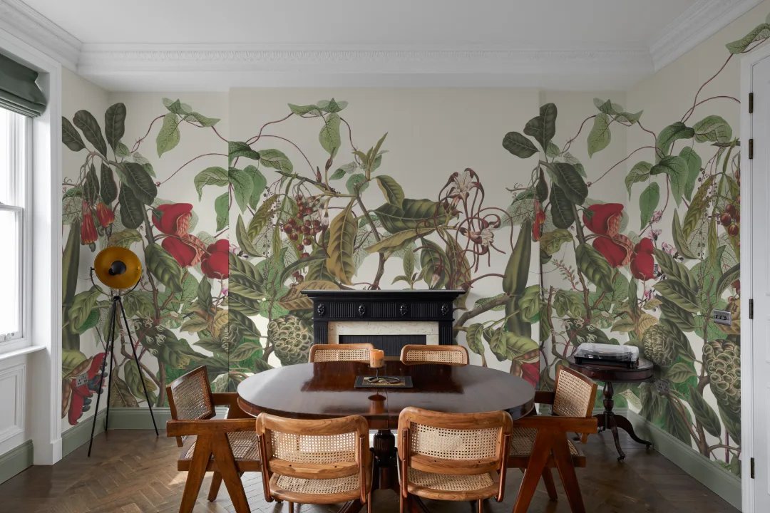 Lush Vintage Botanical Wall Mural with Tropical Flowers and Foliage in Full Color