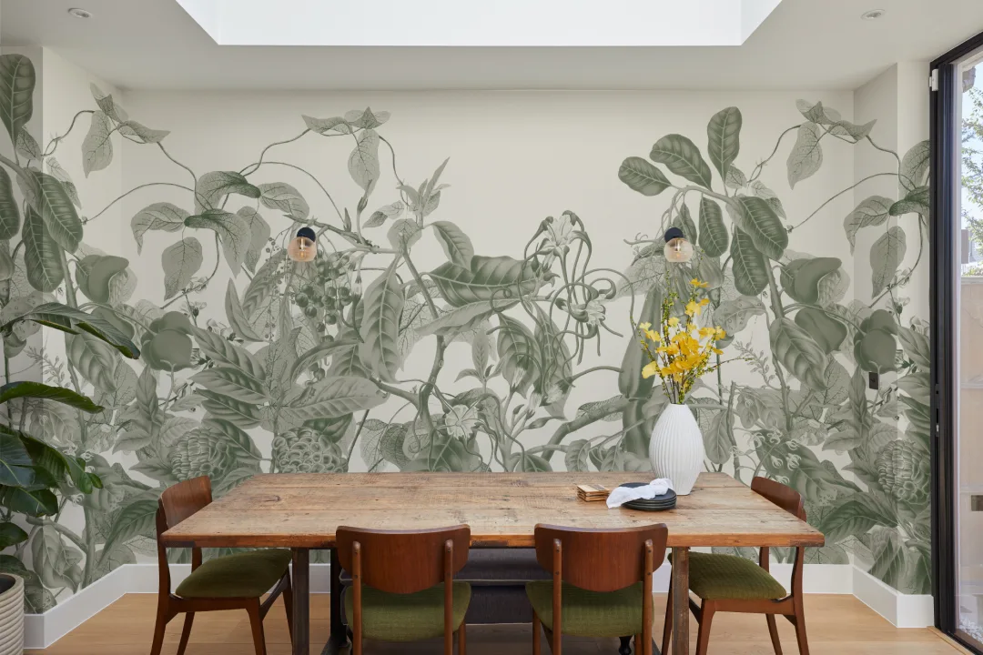 Lush Vintage Botanical Wall Mural in Green with Detailed Tropical Plant Illustrations