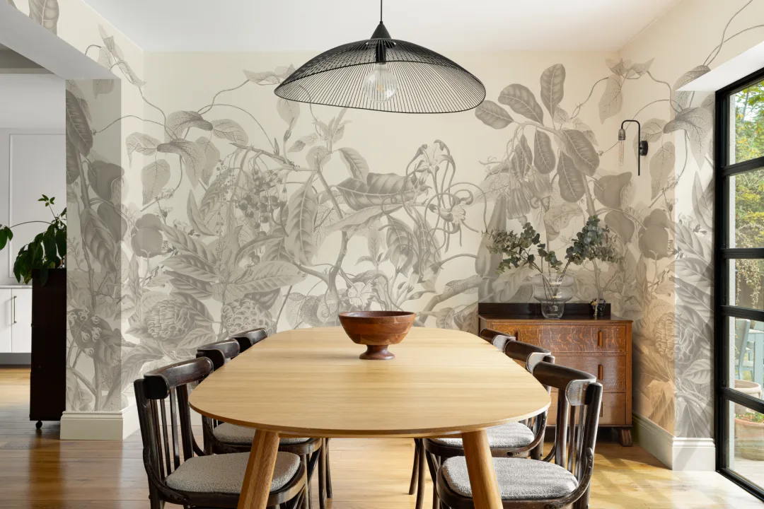 Lush Vintage Botanical Wall Mural in Grey with Tropical Flowers and Leafy Vines