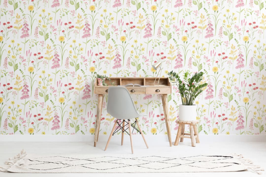 Pink Foxglove & Forget Me Not Flower Garden Wallpaper Mural