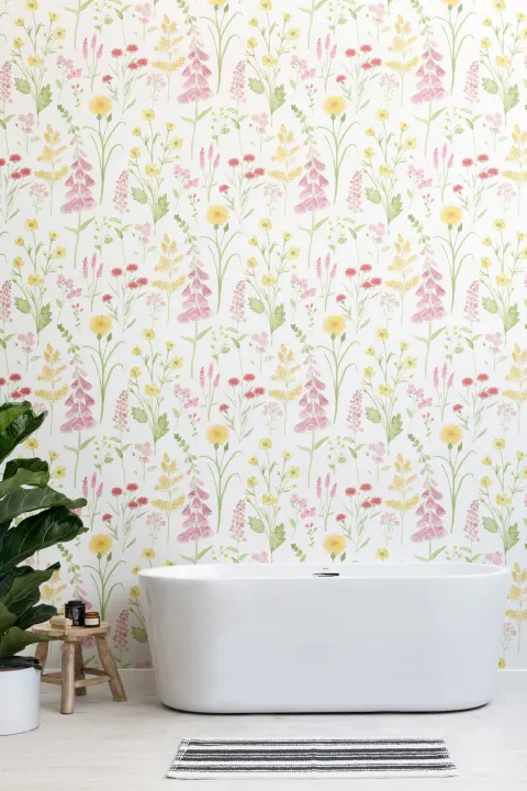 Mural Papel Pintado Rosa con Campo de Flores Silvestres
