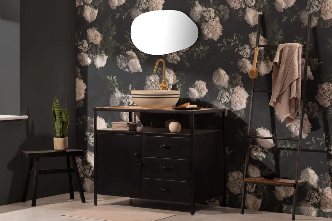 Papier Peint Panoramique aux Fleurs Blanches sur Fond Noir