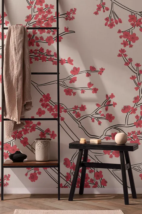 Mural Papel Pintado con Motivo de Rama de Flores de Cerezo Japonesas