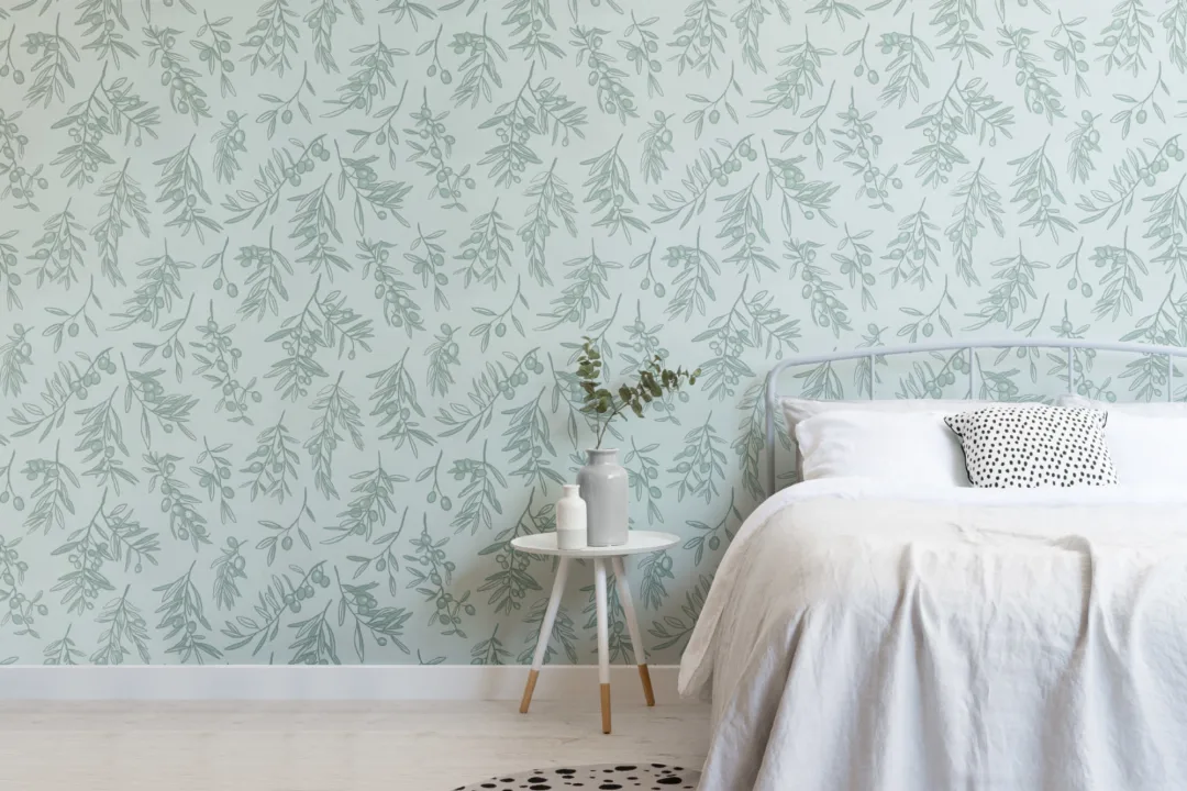 Mint Green Ancient Greek Olive Branch Pattern Wallpaper Mural