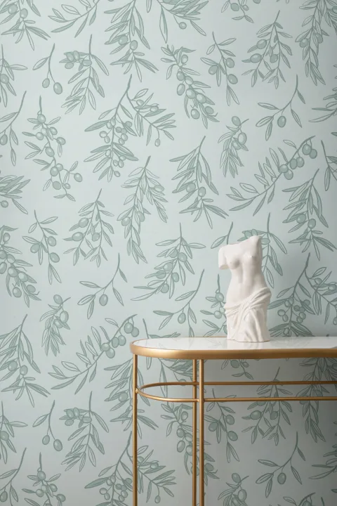 Mint Green Ancient Greek Olive Branch Pattern Wallpaper Mural