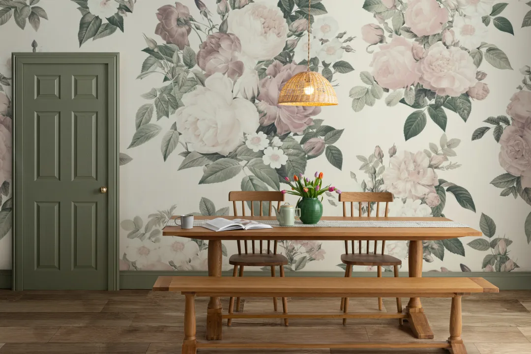 Cream & Pink Rose Vintage Floral Wallpaper Mural