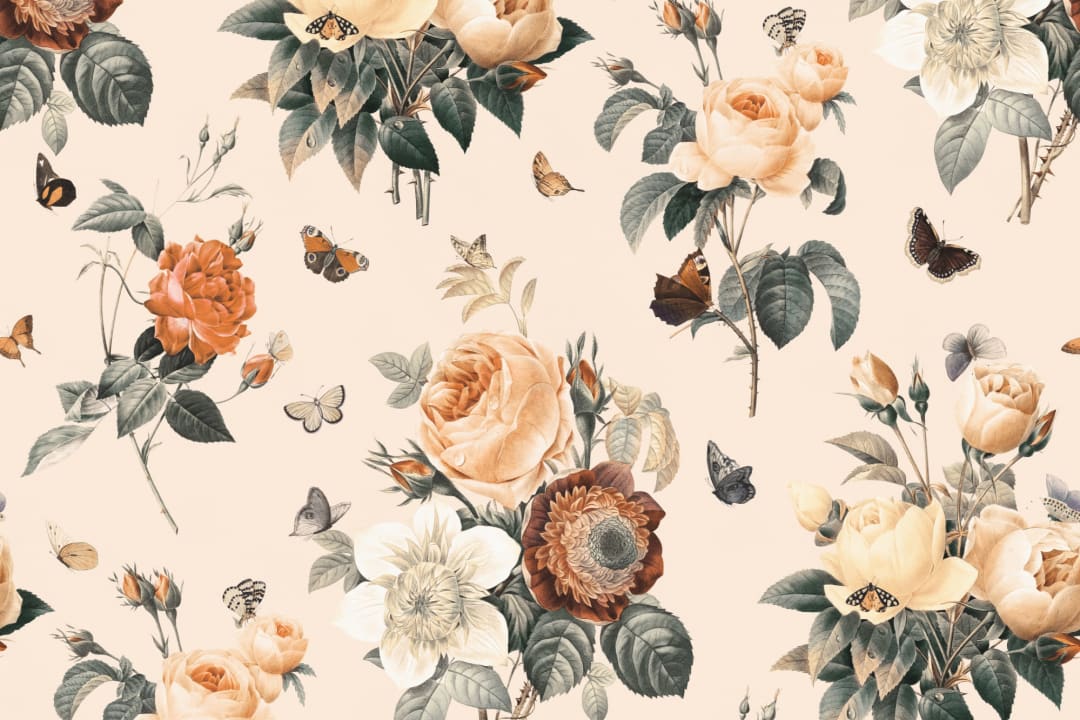 Mural Papel Pintado Floral Vintage con Rosas de Color Melocotón y Crema